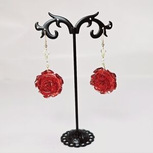 Sparkly Red Rose Dangling Earrings Handmade Artisan